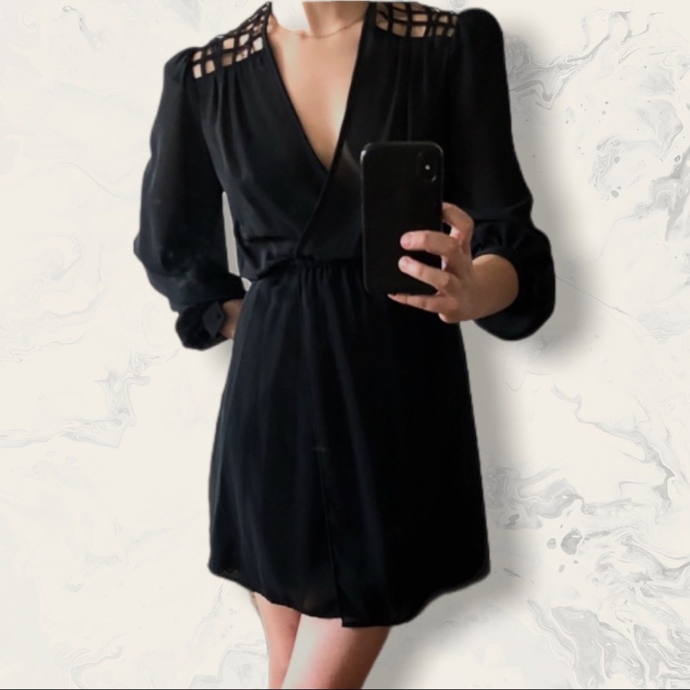 Vintage Black Sheer V-neck Mini Dress w/ Caged Style Lattice Open Back Small + - Picture 9 of 16